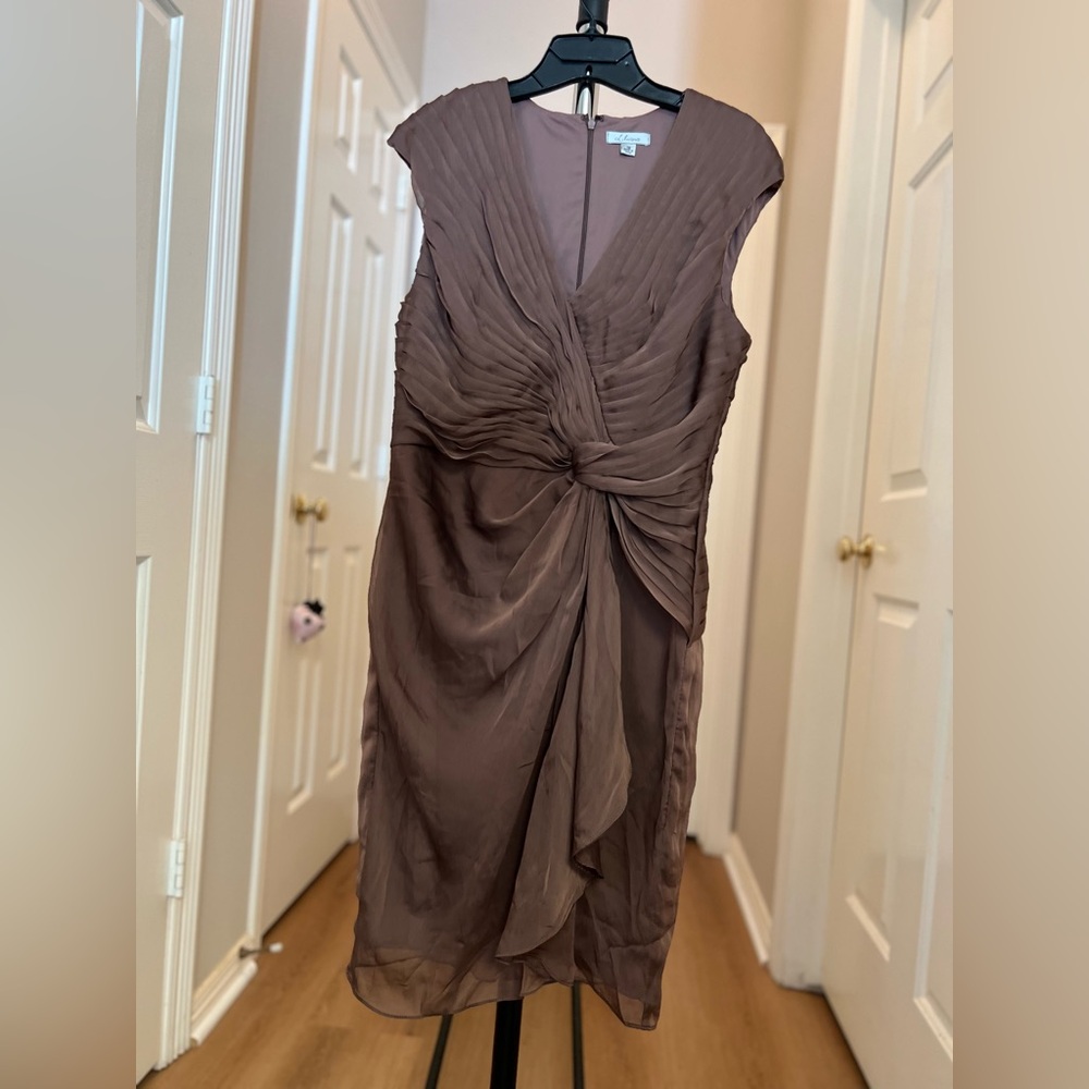Liliana Brown Twist-Knot Pleated V-Neck Midi  (Prom, Graduation, Wedding Guest)